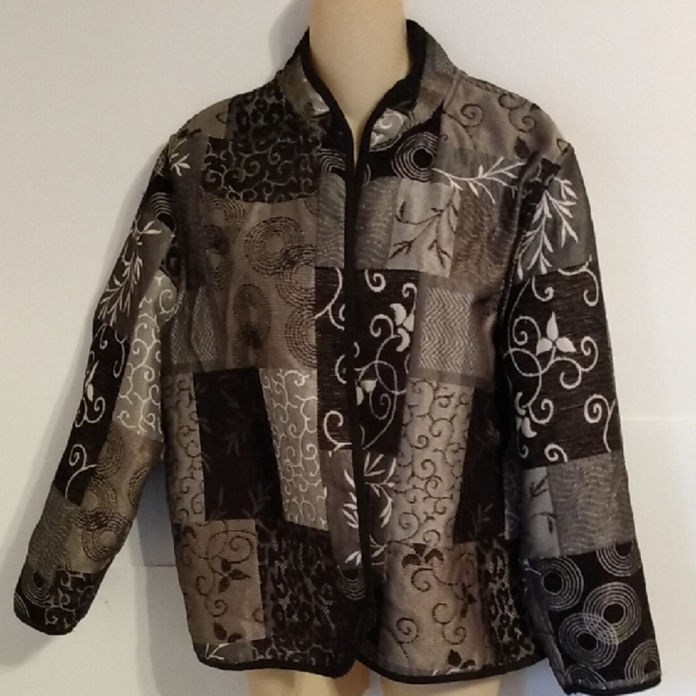 Black Silver Grey Tapestry Patchwork Open Jacket